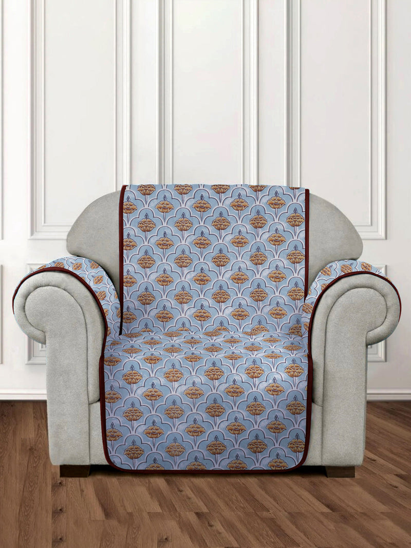 Sky Blue Quilted Floral 1 seater Cotton Sofa Cover