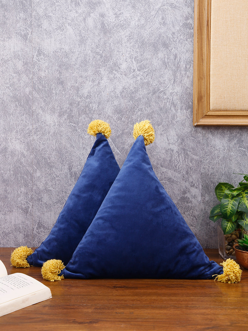 Set of 2 Blue Solid Super Soft Velvet Triangle Filled Sustainable Cushions