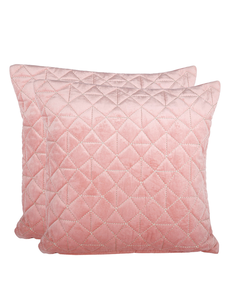 Eyda Super Soft Velvet Peach Color Set of 2 Quilted Cushion Cover-18x18 Inch