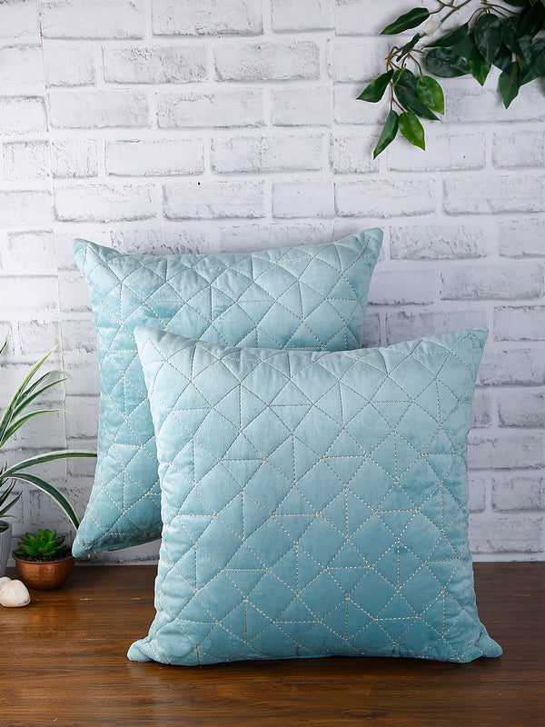 Eyda Super Soft Velvet Aqua Color Set of 2 Quilted Cushion Cover-18x18 Inch