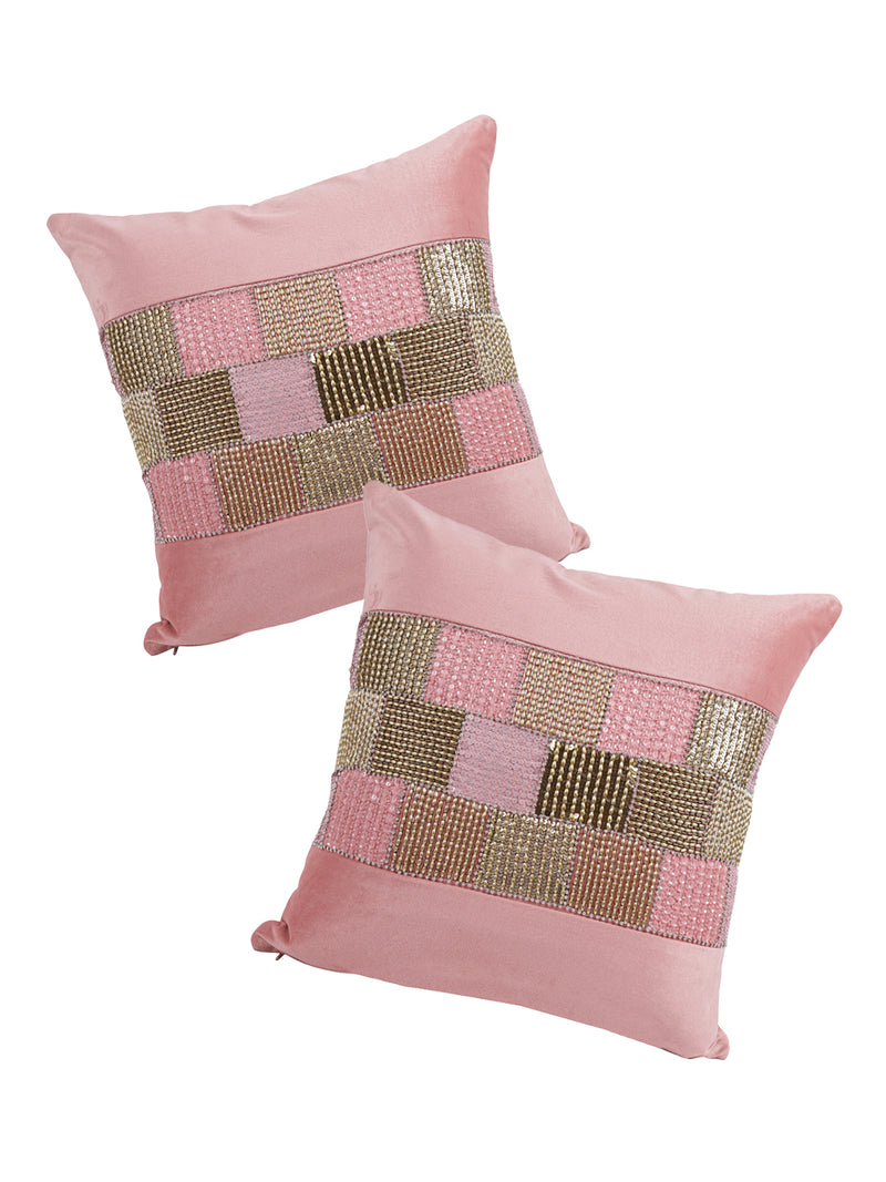 Eyda Velvet Peach Color Beaded Cushion Cover Set of 2-18x18 Inch