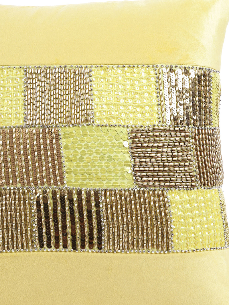 Eyda Velvet Yellow Color Beaded Cushion Cover Set of 2-18x18 Inch
