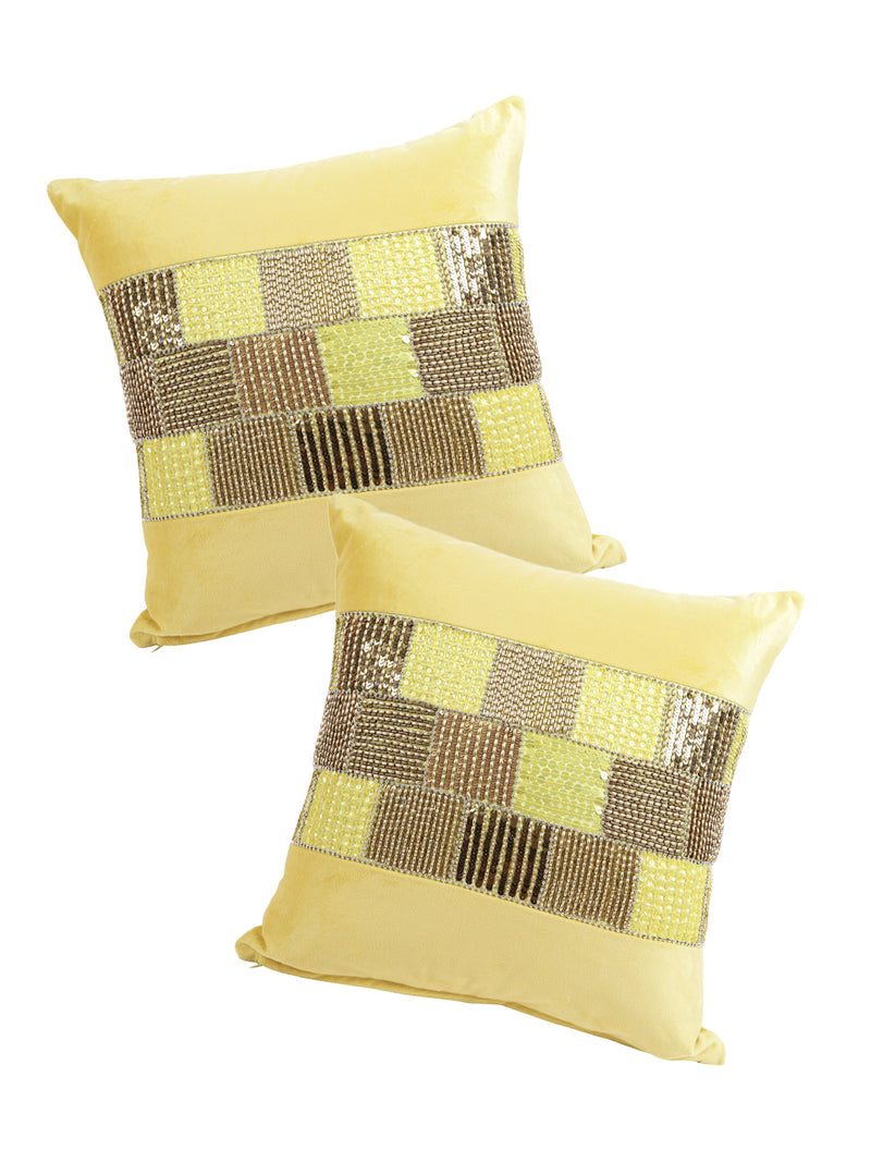 Eyda Velvet Yellow Color Beaded Cushion Cover Set of 2-18x18 Inch