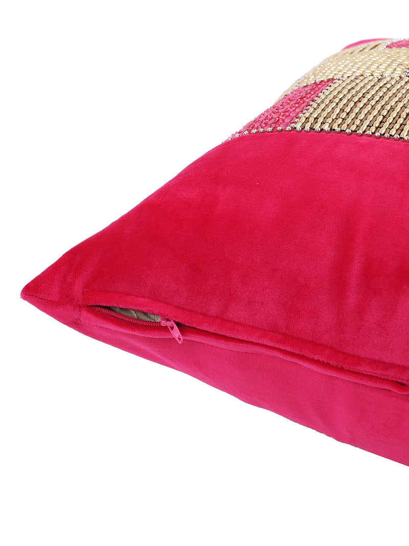 Eyda Velvet Fuchsia Color Beaded Cushion Cover Set of 2-18x18 Inch