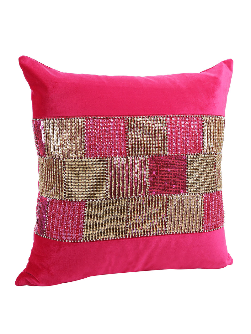 Eyda Velvet Fuchsia Color Beaded Cushion Cover Set of 2-18x18 Inch