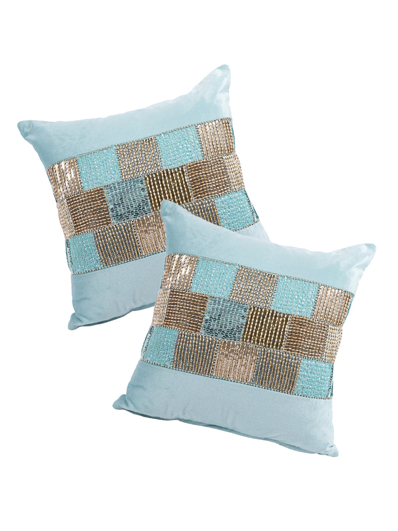 Eyda Velvet Aqua Color Beaded Cushion Cover Set of 2-18x18 Inch