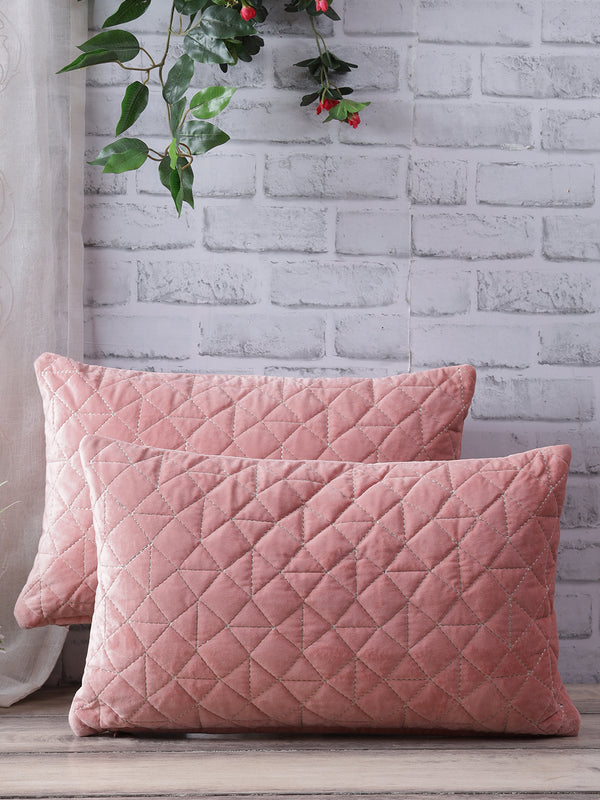 Eyda Super Soft Velvet Peach Color Set of 2 Quilted Cushion Cover-12x20 Inch