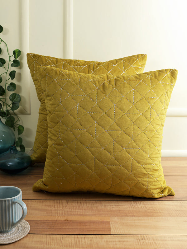 Eyda Super Soft Velvet Olive Color Set of 2 Quilted Cushion Cover-18x18 Inch