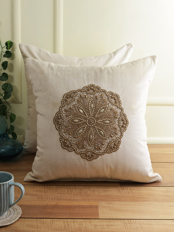 Eyda Velvet Ivory Color Set of 2 Quilted Cushion Cover-18x18 Inch