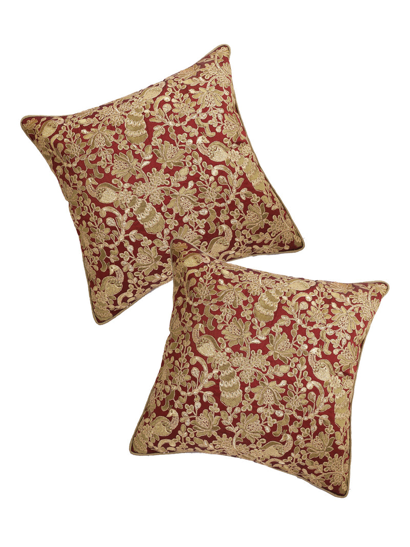 Eyda Red and Gold Embellished Set of 2 Cushion Cover-18x18 Inch
