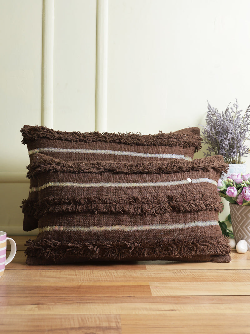 Eyda Set of 2 Dark Brown Color Cotton Cushion Cover-12x20 Inch