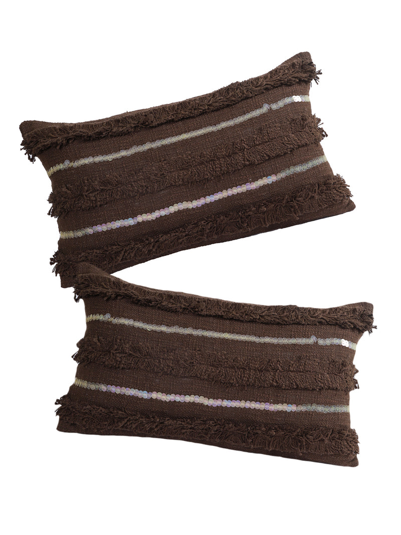 Eyda Set of 2 Dark Brown Color Cotton Cushion Cover-12x20 Inch