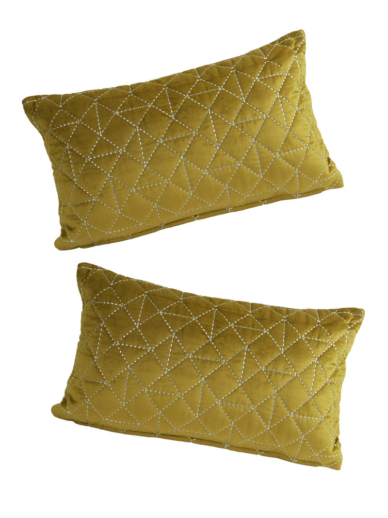 Eyda Super Soft Olive Green Color Set of 2 Quilted Cushion Cover-12x20 Inch