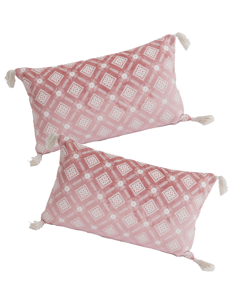 Eyda Super Soft Pink Color Set of 2 Embroidered Cushion Cover-12x20 Inch