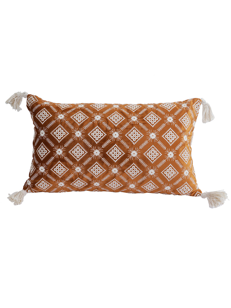 Eyda Super Soft Rust Color Set of 2 Embroidered Cushion Cover-12x20 Inch