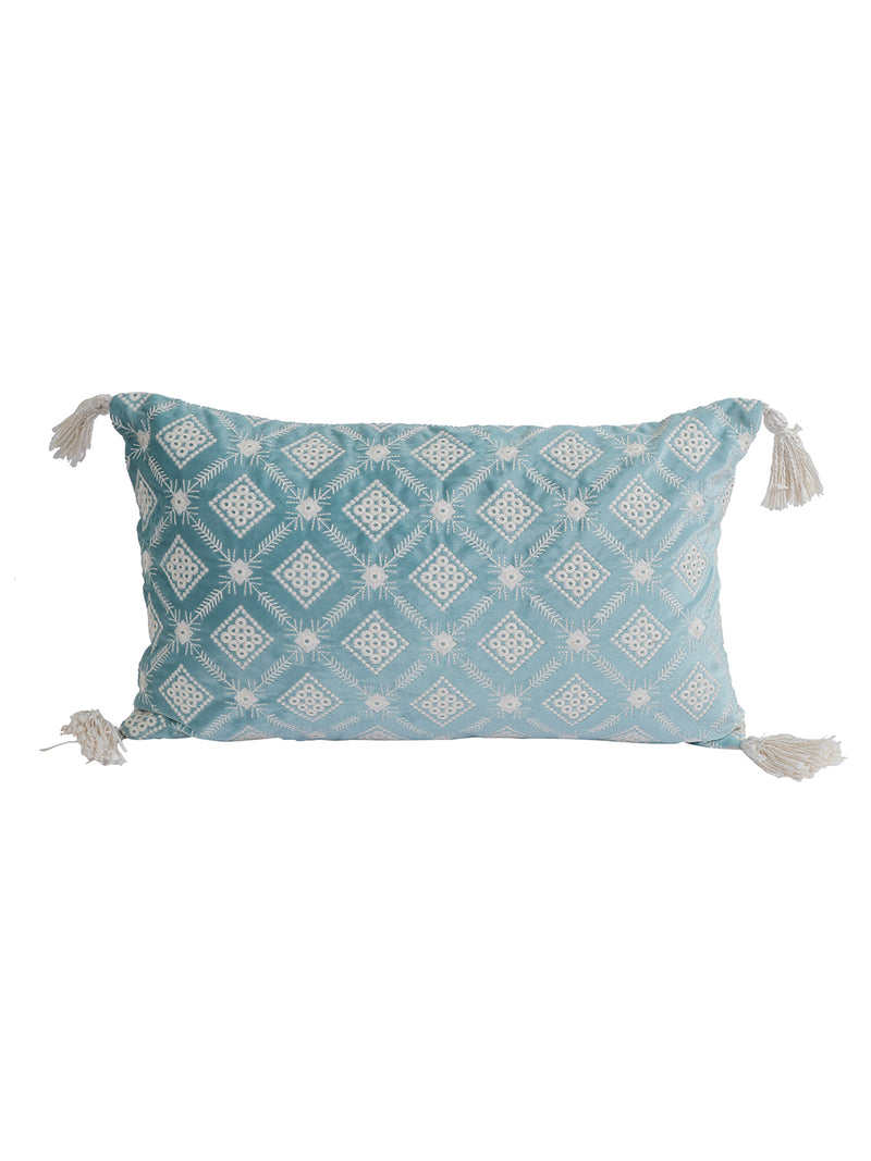 Eyda Super Soft Turquoise Blue Color Set of 2 Embroidered Cushion Cover-12x20 Inch