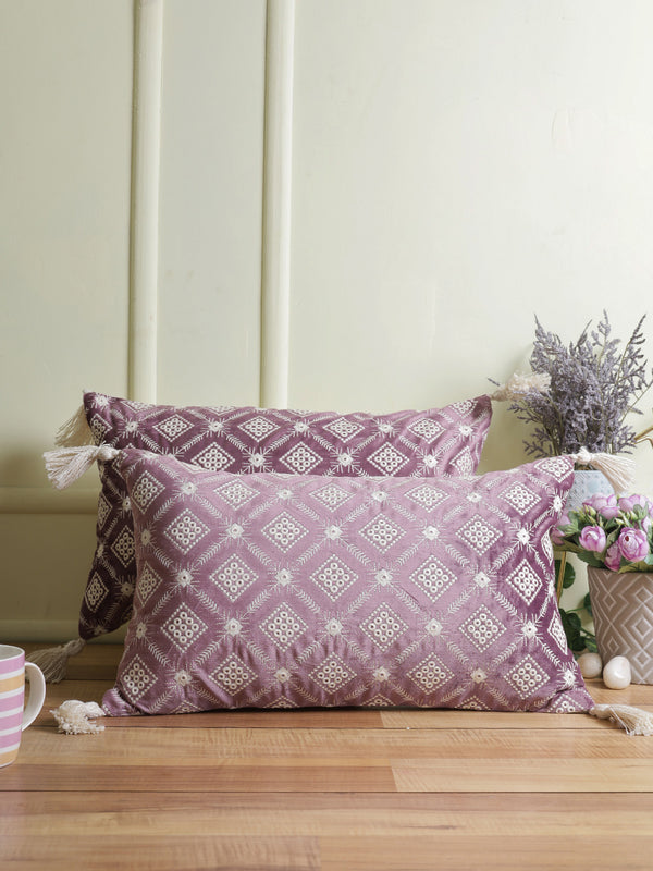 Eyda Super Soft Purple Color Set of 2 Embroidered Cushion Cover-12x20 Inch