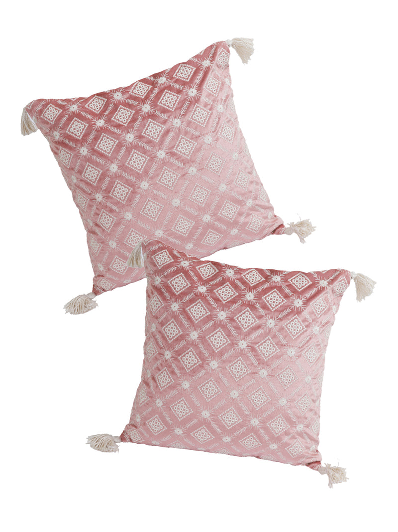 Eyda Super Soft Pink Color Set of 2 Embroidered Cushion Cover-18x18 Inch