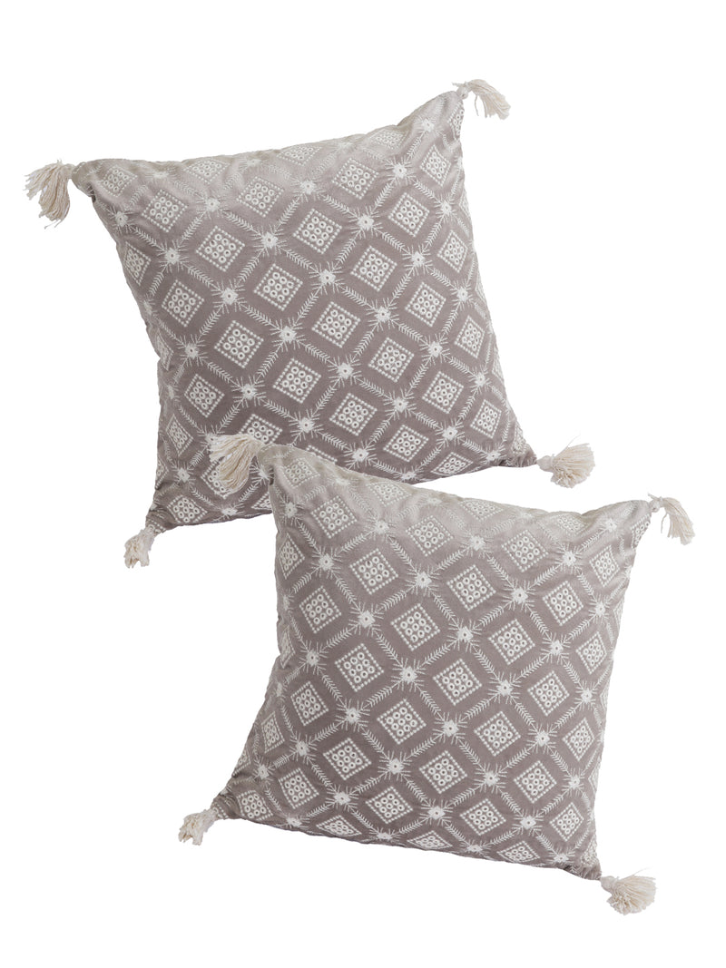 Eyda Super Soft Grey Color Set of 2 Embroidered Cushion Cover-18x18 Inch