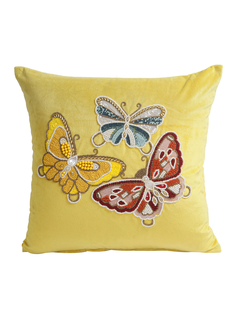 Eyda Velvet Yellow Color Beaded Sequin Set of 2 Cushion Cover-18x18 Inch