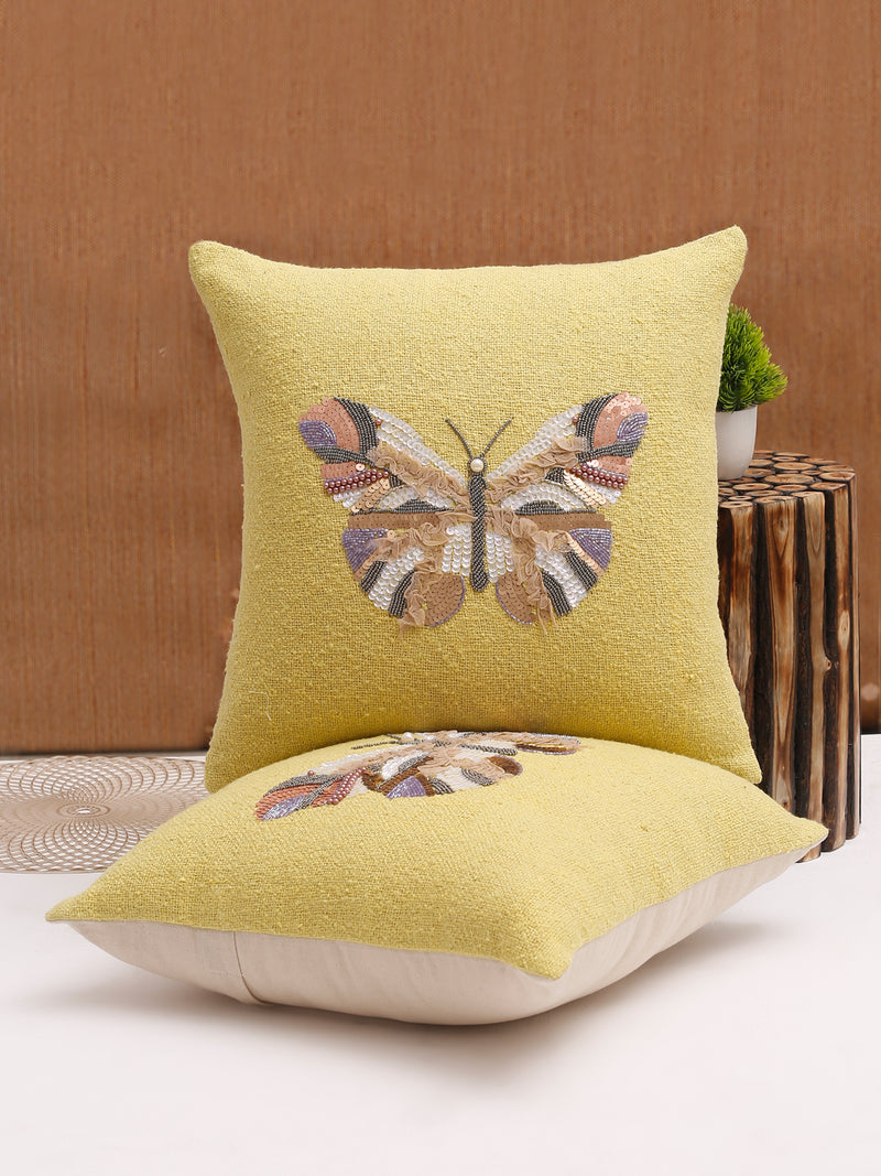 Yellow Color Cotton Hand Work Cushion Cover Set of 2 (18x18 Inch)