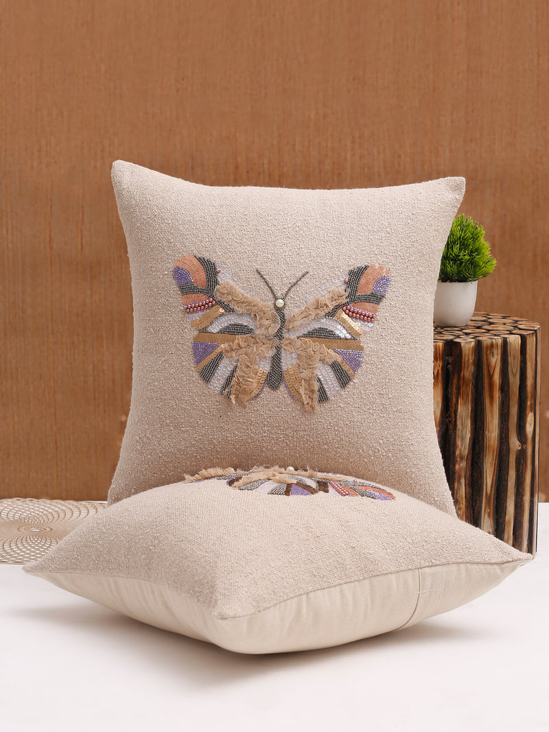 Ivory Color Cotton Hand Work Cushion Cover Set of 2 (18x18 Inch)