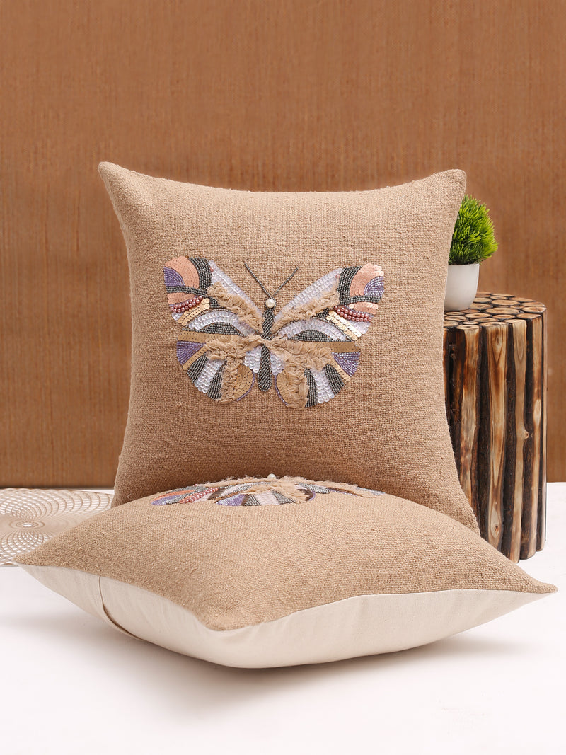 Beige Color Cotton Hand Work Cushion Cover Set of 2 (18x18 Inch)