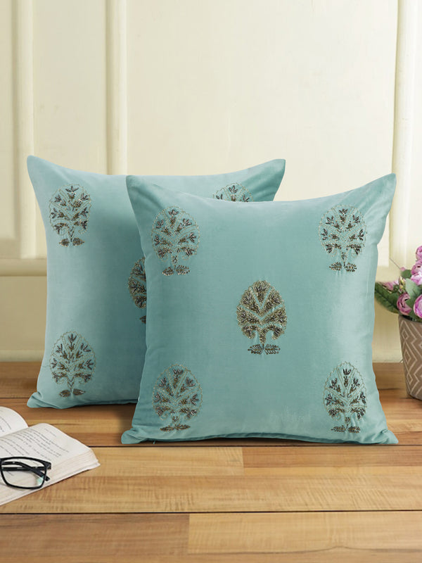Aqua Color Velvet Hand Work Cushion Cover Set of 2 (18x18 Inch)