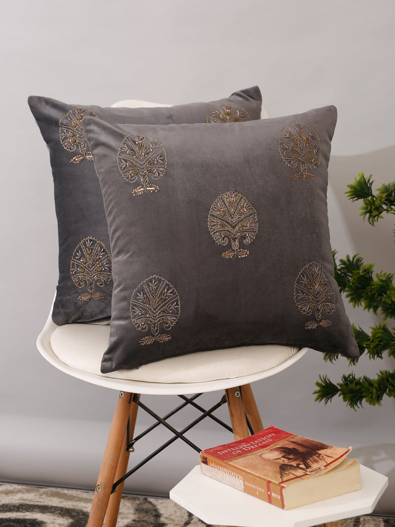 Grey Color Velvet Hand Work Cushion Cover Set of 2 (18x18 Inch)