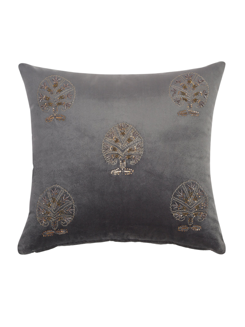 Grey Color Velvet Hand Work Cushion Cover Set of 2 (18x18 Inch)