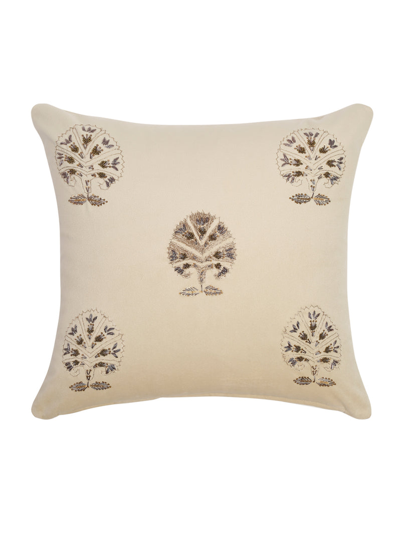 Ivory Color Velvet Hand Work Cushion Cover Set of 2 (18x18 Inch)