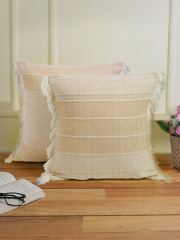 Beige Color Cotton Woven Cushion Cover Set of 2 (18x18 Inch)