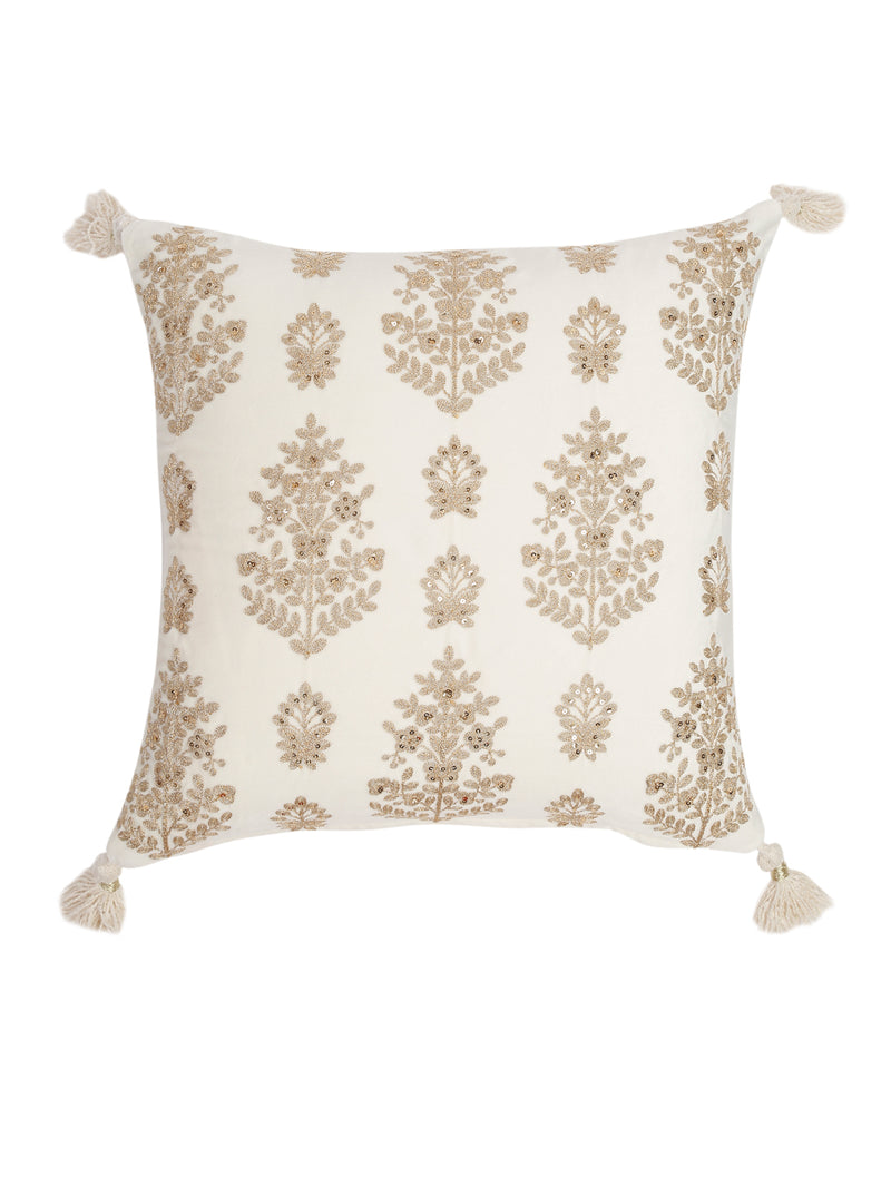 Ivory Color Velvet Hand Work Cushion Cover Set of 2 (18x18 Inch)