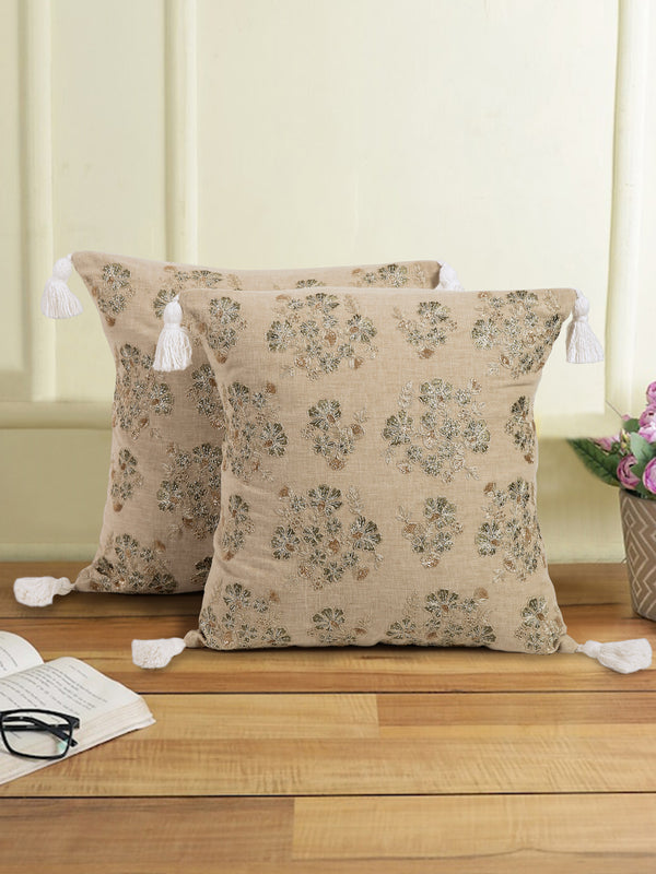 Beige Color Cotton Hand Work Cushion Cover Set of 2 (18x18 Inch)