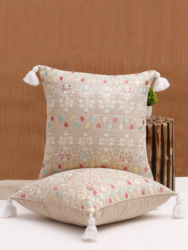 Beige Color Cotton Hand Work Cushion Cover Set of 2 (16x16 Inch)