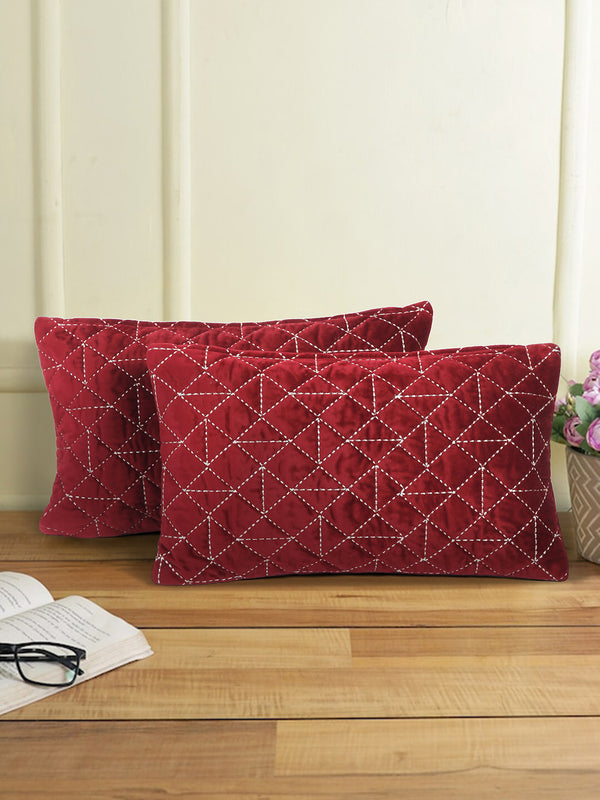 Velvet Maroon Color Set of 2 Quilted Cushion Cover (12x20 Inch)
