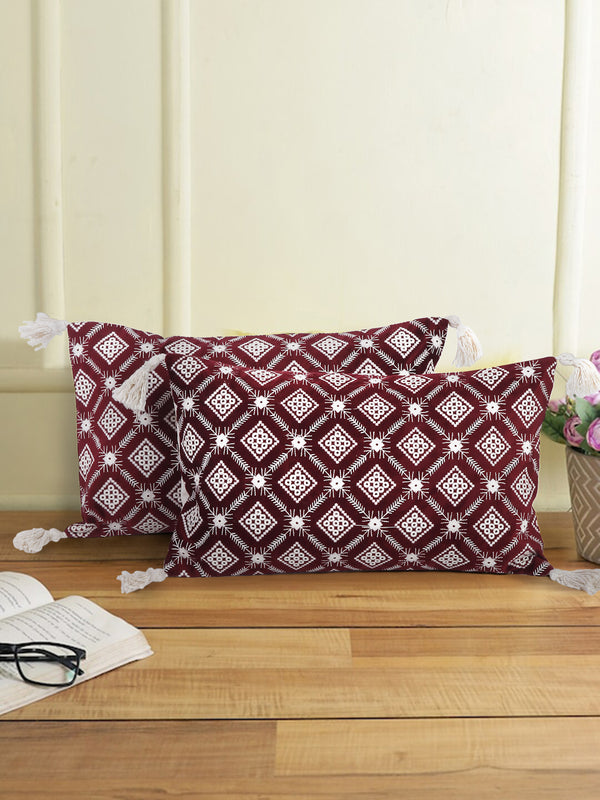Red Color Embroidered Cushion Cover Set of 2 (12x20 Inch)