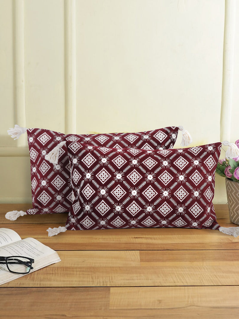 Red Color Embroidered Cushion Cover Set of 2 (12x20 Inch)