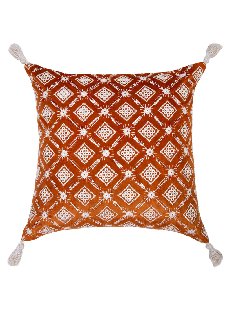 Rust Color Embroidered Cushion Cover Set of 2 (18x18 Inch)