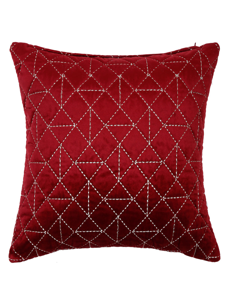Velvet Maroon Color Set of 2 Quilted Cushion Cover (18x18 Inch)