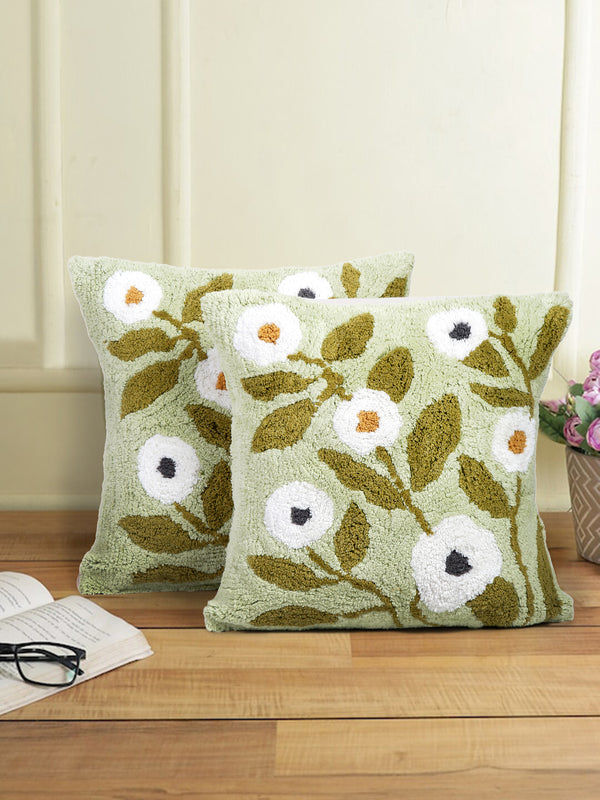 100% Cotton Tufted Green Color Cushion Cover Set of 2 (18x18 Inch)