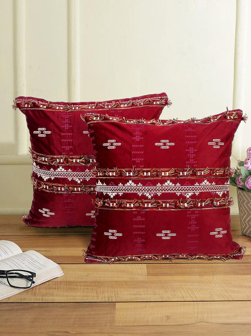 Eyda Red Color Embroidered Velvet Cushion Covers Set of 2 - 18x18 inch