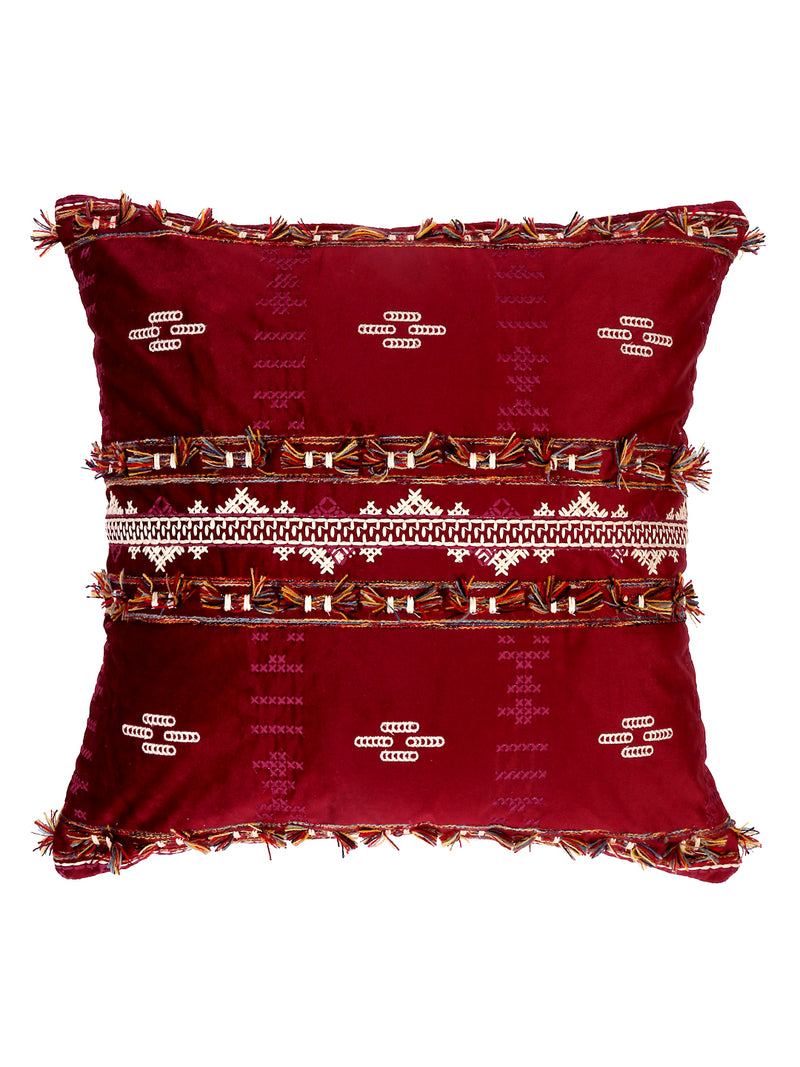 Eyda Red Color Embroidered Velvet Cushion Covers Set of 2 - 18x18 inch