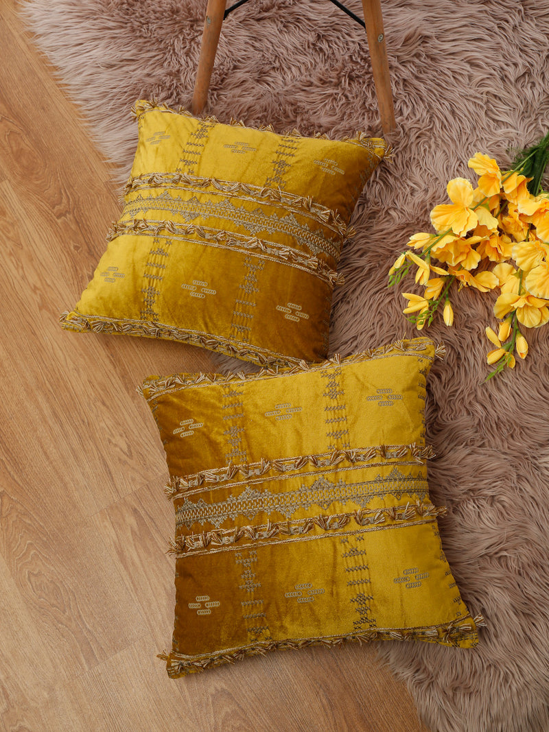 Eyda Yellow Color Embroidered Velvet Cushion Covers Set of 2 - 18x18 inch