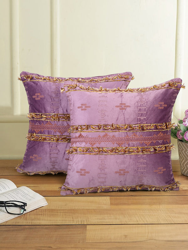 Eyda Purple Color Embroidered Velvet Cushion Covers Set of 2 - 18x18 inch