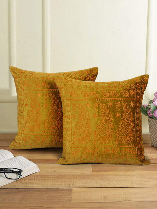 Eyda Mustard Color Embroidered Velvet Cushion Covers Set of 2 - 18x18 inch