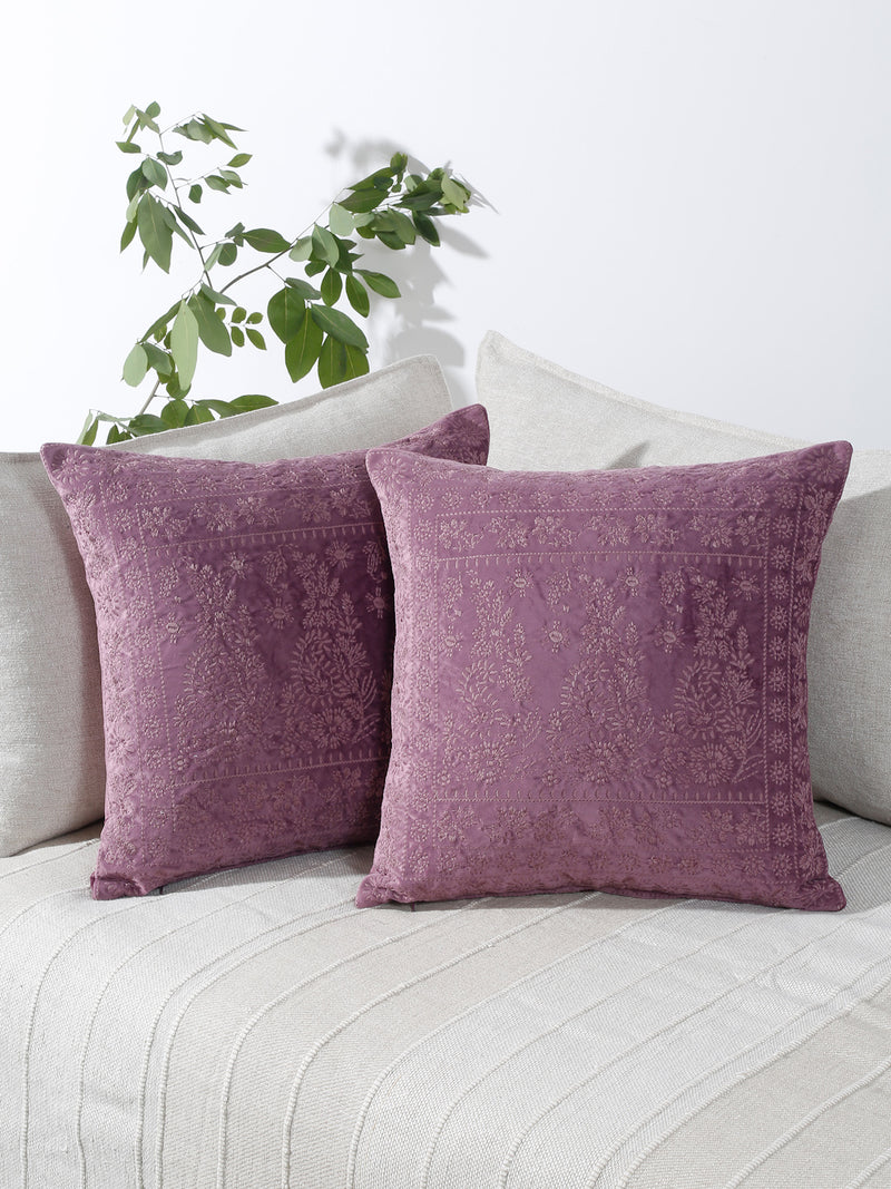 Eyda Purple Color Embroidered Velvet Cushion Covers Set of 2 - 18x18 inch