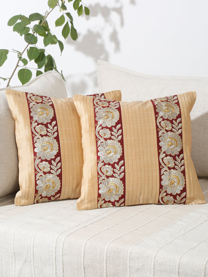 Eyda Beige and Red Color Embroidered Cushion Cover Set of 2-16x16 inch