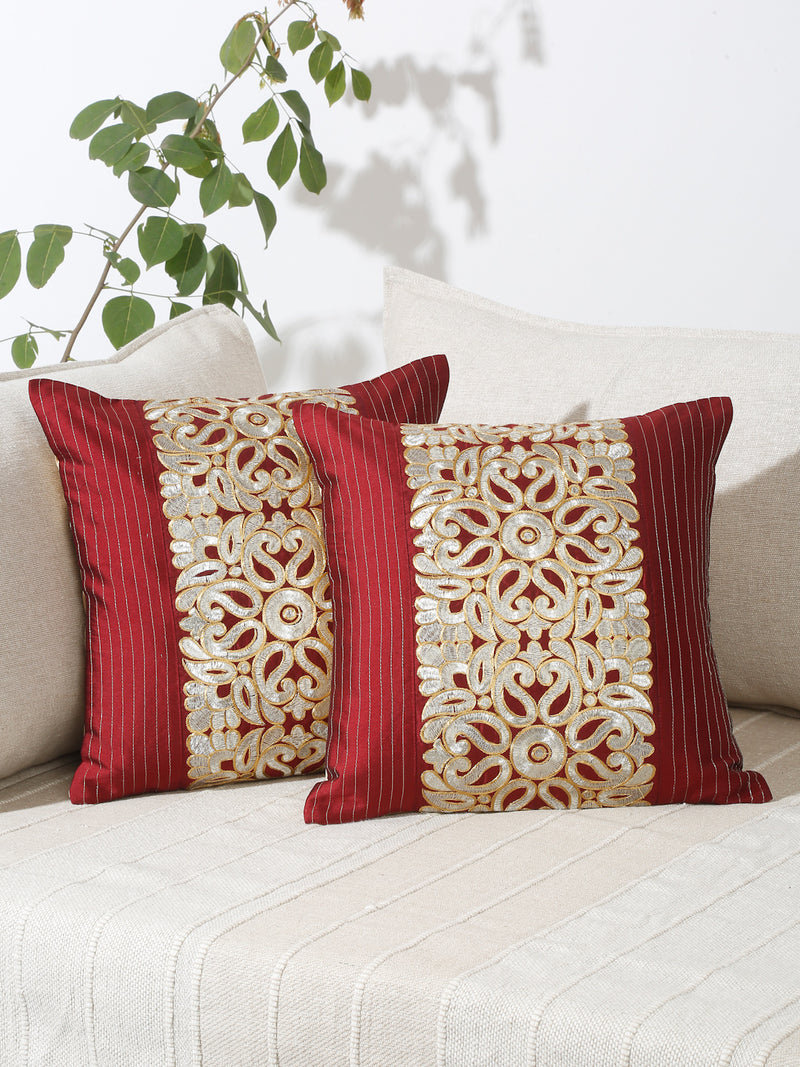 Eyda Maroon and Silver Color Embroidered Cushion Cover Set of 2-16x16 inch