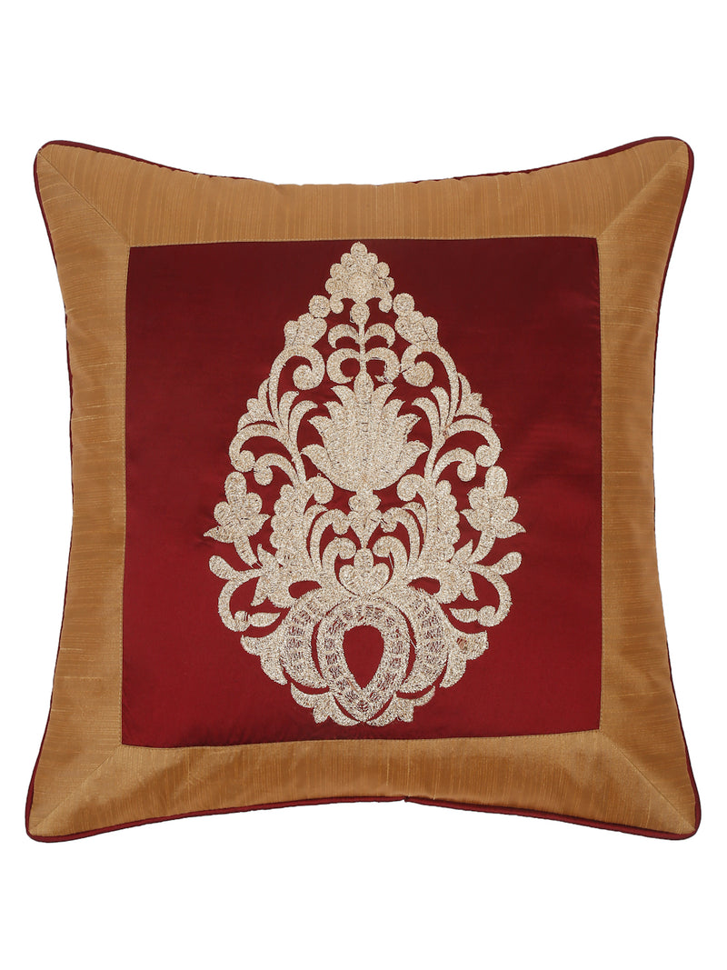 Eyda Maroon and Copper Color Embroidered Cushion Cover Set of 2-16x16 inch